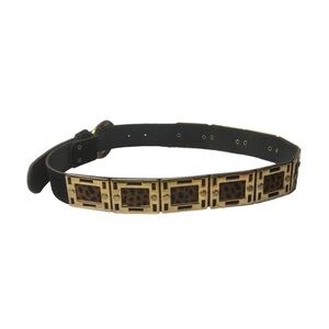 MVtg Benjo Womens Belt Black Leather Animal Print Gold Metal Squares Studs